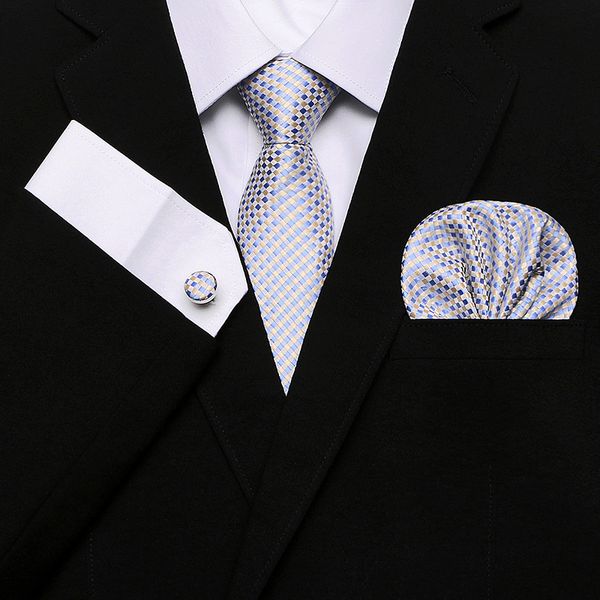 

men`s tie 100% silk red plaid print jacquard woven tie + hanky + cufflinks brand paisley set jacquard mens necktie, Blue;purple