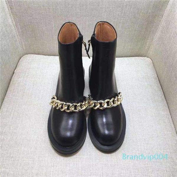 

selling women boots fashion metal chain low heels leather ankle boots zipper bling short booties shoes, Black