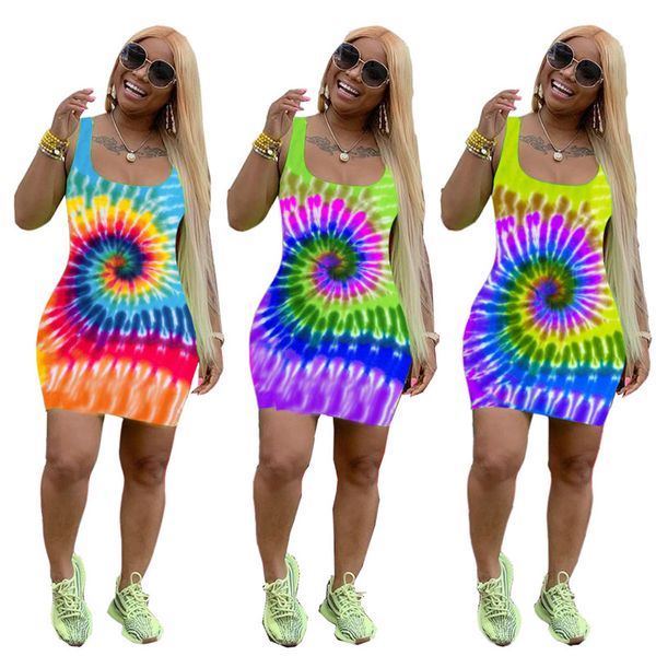 Moda Donna Halter Dress Tie Dye Posizionamento Abiti da stampa Gonna colorata Girasole Abbigliamento da club Mini abiti da festa Abbigliamento Estate