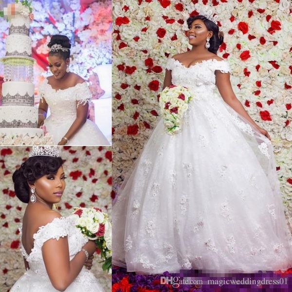 

vestidos de novia 2019 dubai arabic lace wedding dresses plus size off shoulder appliqued long bridal gowns puffy tulle floor length, White