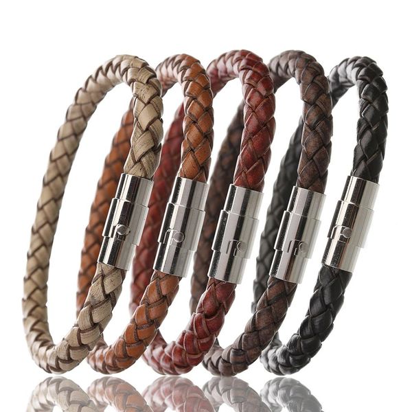 

lacoogh 2019 black genuine braided leather bracelet men women stainless steel magnetic clasp male bracelets bangles punk jewelry, Golden;silver