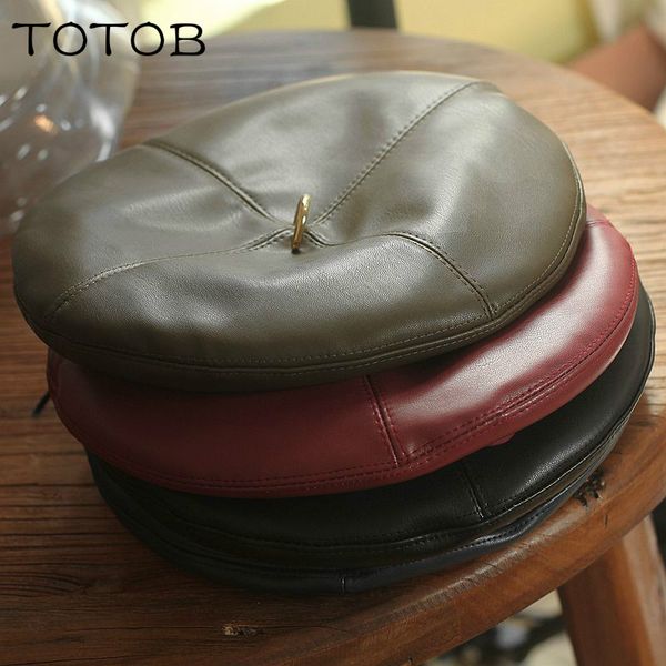 

retro iron ring british leather beret female pu leather autumn and winter korean version of the japanese wild painter hat beret, Blue;gray