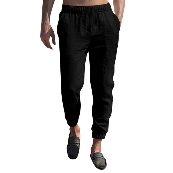 

2019 men's summer casual pants natural cotton linen trousers linen elastic waist ankle-length man's pants, Black