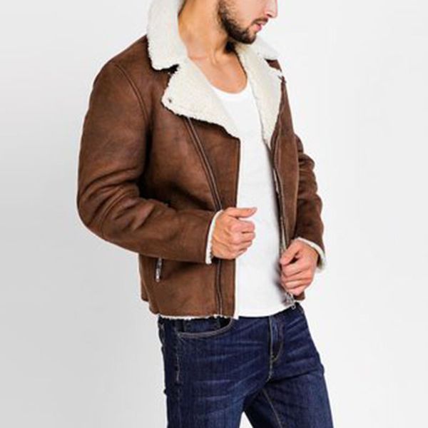 

men's casual slim motorcycle coat male autumn winter warm biker fur lined leather jacket outerwear, Black