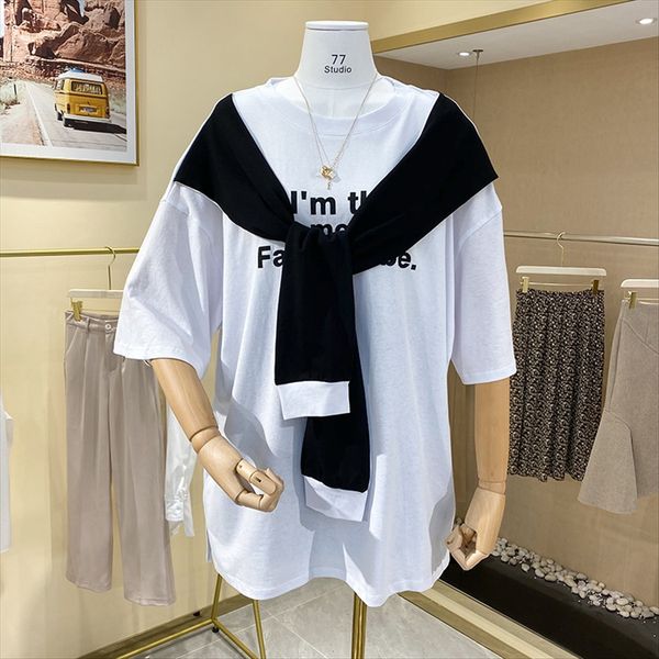 

2020 loose casual length mock two piece short-sleeve t-shirt for women white t-shirt ins fashionable