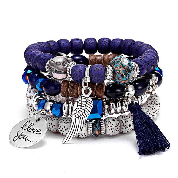

natural stone beads bracelets for women wing tassel letters charm bracelets & bangles boho vintage jewelry pulseras mujer moda, Golden;silver