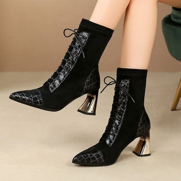

mljuese 2020 women mid-calf boots sheepskin lace up pointed toe winter short plush high heels women socks boots size 42, Black