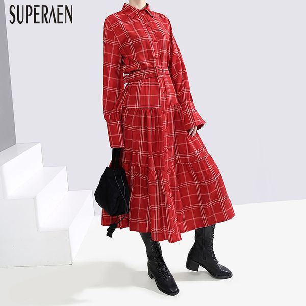 

superaen europe new fashion plaid dress women pluz size loose autumn and winter 2019 ladies dress cotton women clothing, Black;gray