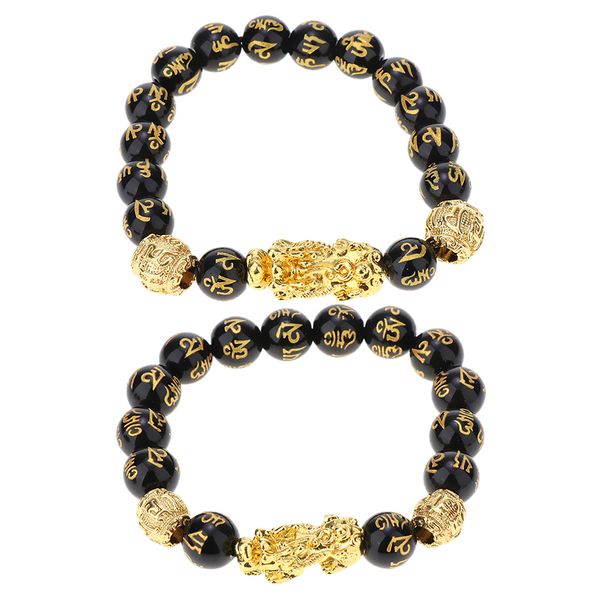 

2pcs 10mm 12mm beads golden pi xiu bracelet six words of truth bead obsidian natural stone bangle beaded bracelet, Golden;silver