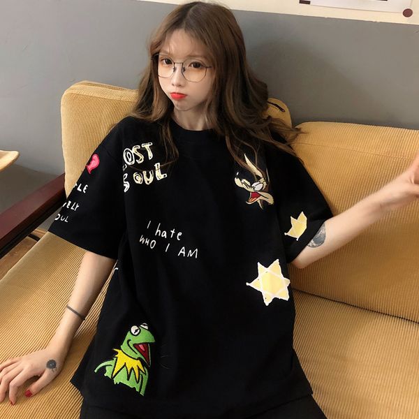 

2020 summer tide brand hip-hop oversize student shirt loose graffiti short-sleeved t-shirt women, White