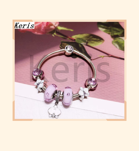 

100%925 sterling silver 2019 new pink glazed flower beaded bracelet delivery, Golden;silver