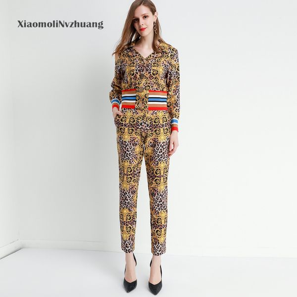 

xiaomoli леопардовый принт контрастная полоса костюм с длинным рукавом с длинным рукавом из двух частей набор новый осень 2019, White