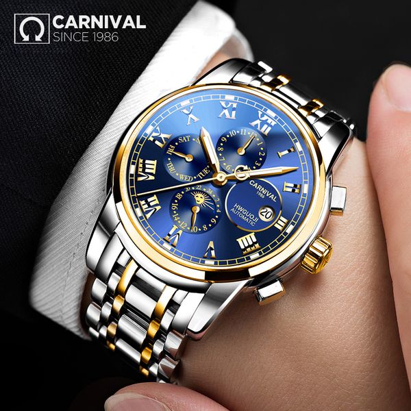 

carnival mechanical watch mens multifunction moon phase calendar week month waterproof automatic men watches relogio masculino, Slivery;brown