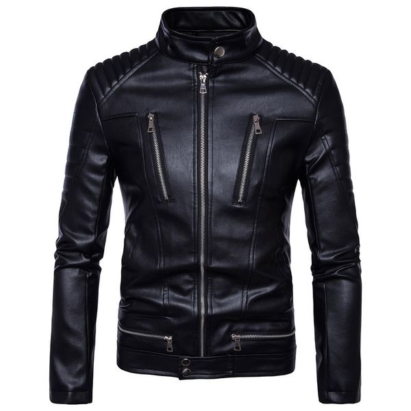 

cross-border zipper more than 2020 new amazon punk menswear locomotive leather motorcycle leather jacket, Black