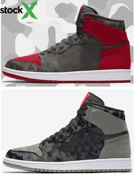 

1s camo 3m reflect basketball shoes men 1 high camouflage red grey sports sneakers with shoes box, Black