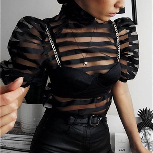 

transparent mesh sheer blouse women puff sleeve striped summer 2019 fashion streetwear turtleneck womens and blouses, White