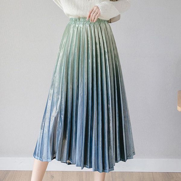 

skirts women pleated skirt plus size gradient ramp casual high waist a-line summer long fit girls#3, Black