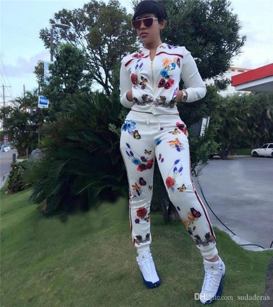 

designer tracksuit white crew neck 2pcs suits clothing fashion long sleeve with zipper tracksuits print flowers women, Gray