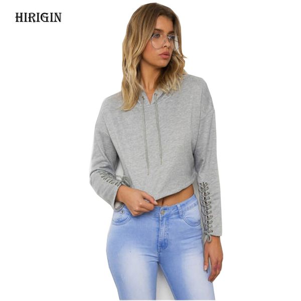 

hirigin autumn 2017 womens girls plain casual solid long sleeve bandage crop hoodie pullover hooded sweatshirt jumper hood, Black