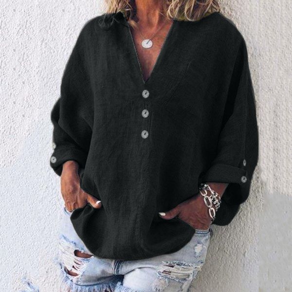 

womens blouses and summer 2019 5xl fashion plus size solid casual linen v-neck button blouse female chemisier femme, White