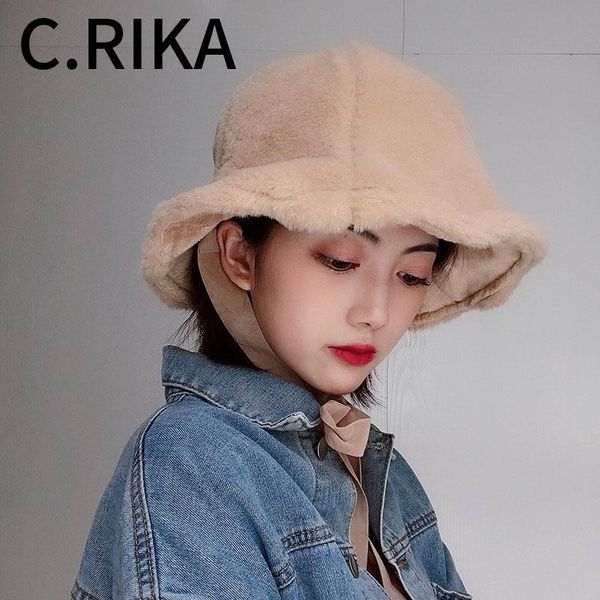 

2019 winter warm faux fur bucket hat for women ribbon girls thick plus velvet bob hat ladies solid color fashion gorras panama, Blue;gray