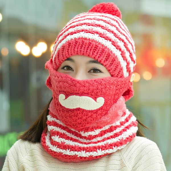 

2019 autumn winter women knitted hat scarf masks sets thicken plush wool fashion ladies outdoor windproof ear flap pompom beanie, Blue;gray