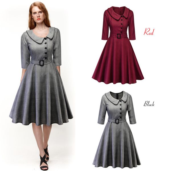

женщины осень зима платье плед check печати vintage бальные платья хлопка rockabilly пояса a-line pin up платье, Black;gray