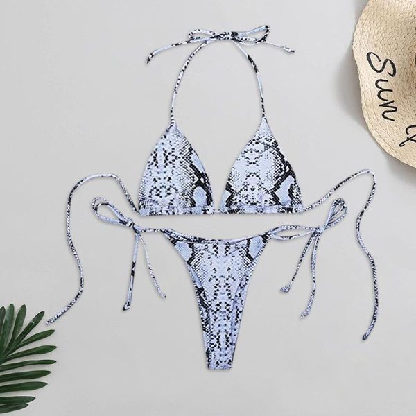 

women's snake skin print lace up high cut leg bikini set bathing suit micro bikinis 2020 halter swimming two piece swimsuit