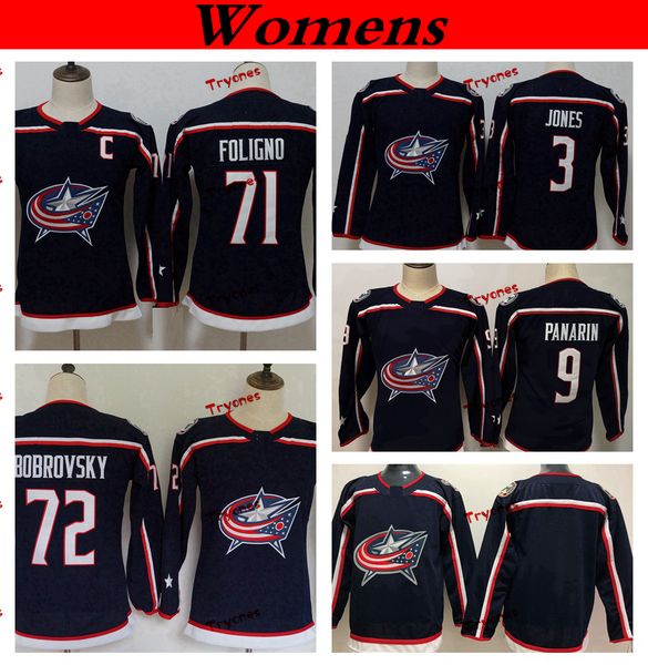 

womens columbus blue jackets 2019 72 sergei bobrovsky 71 nick foligno 3 jones 9 artemi panarin hockey jerseys ladies girls stitched shirts, Black;red