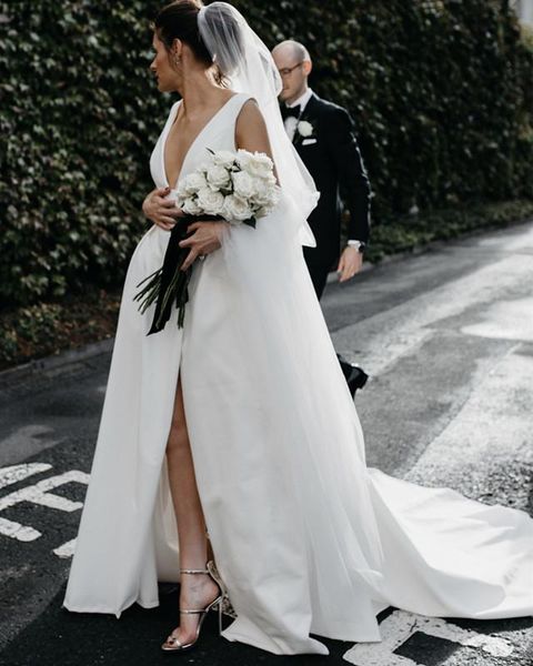 

deep low cut v neck satin wedding dresses with split simple bridal dresses with v back wedding gowns custom made, White