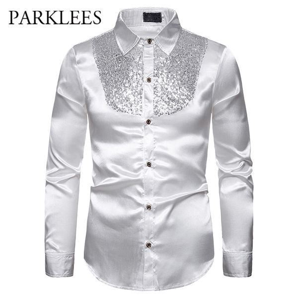 

silk sequin shirt men satin smooth men solid tuxedo shirt business chemise homme casual slim fit shiny wedding dress shirts, White;black