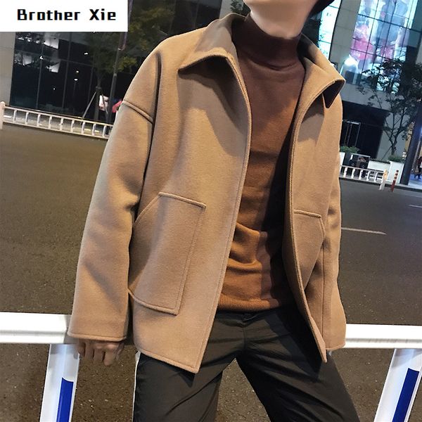 

autumn winter brand jacket men restore lapel collar short woolen streetwear loose in warm coats black/camel color windbreaker, Black;brown