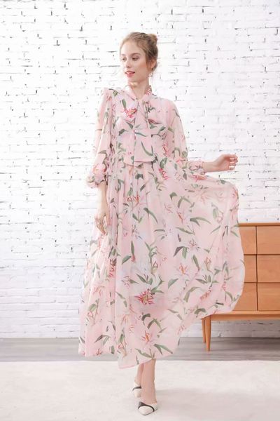 

2019 women's runway dresses bow collar 3/4 sleeves floral printed fashion casual long autumn dresses, Black