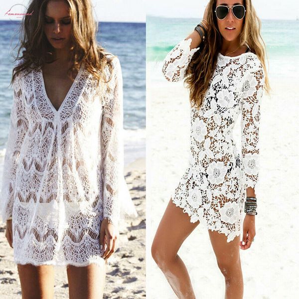 

womens lace hollow cap sleeve crochet mini dress bikini cover up swimwear bathing suit sumdress, Black;gray