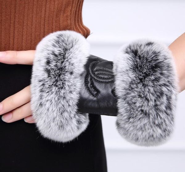 

women winter fur luxury leather softs fashion brand gloves diamond lattice rabbit soft warm sheepskin drive half finger ladies gloves, Blue;gray