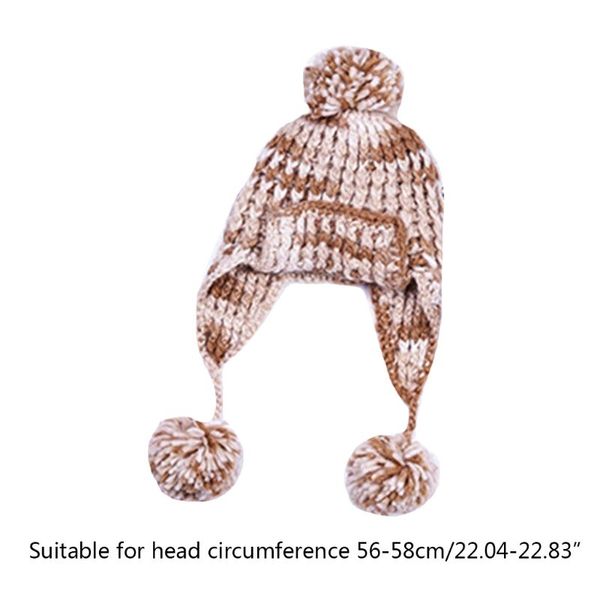 

2019 new women winter chunky crochet contrast color stripe warm beanie hat with earflap pompom snow ski hat, Blue;gray
