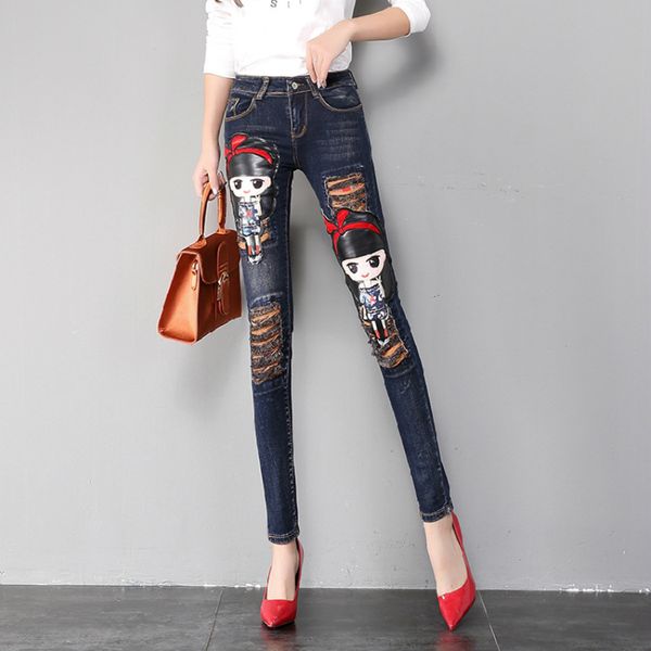 

lyfzous 2018 jeans women casual high waist denim pants women ripped cartoon patch jeans slim female plus size pencil pants, Blue