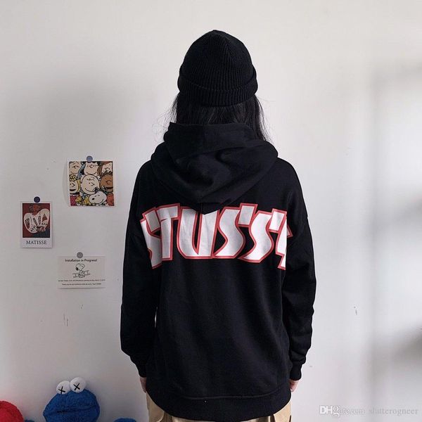 

2019 new autumn and winter stussy stuisi back print large letters hooded men's sweater cotton terry women's hoodie m-xl, Black