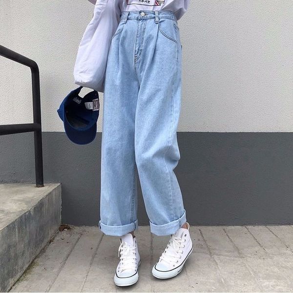 

jeans women solid vintage high waist wide leg denim trousers simple students all-match loose fashion harajuku womens chic casual, Blue