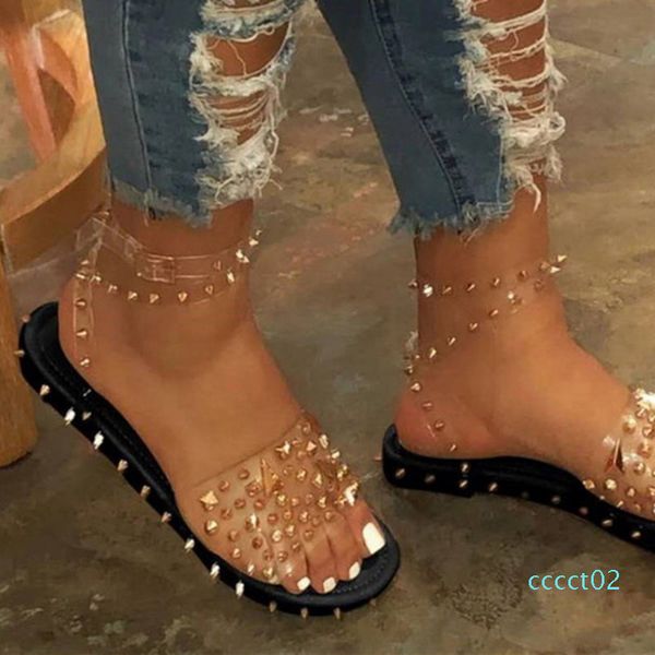 

lasperal women summer sandals flat heel rivet platform peep toe ankle buckle fashion punk beach ladies shoes zapatos de mujer ct2, Black