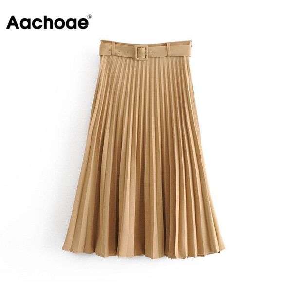 

solid pleated loose skirt sashes mid calf skirts womens high waist vintage faldas spring autumn pure jupe femme, Black;gray