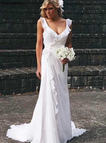 

new arrival chiffon beach wedding dresses simple bridal gowns v neck backless sweep train bohemian plus size bride dresses, White
