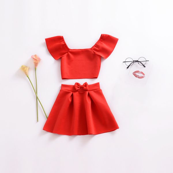 

2pcs girl solid off shoulder high waist bow skirt kids baby party outfits, Red;yellow