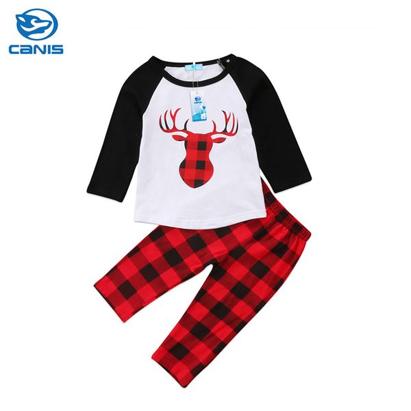 

canis christmas kids baby boys girls deer cotton long sleeve t-shirt red plaid pants girls boys clothes outfits clothing set, White
