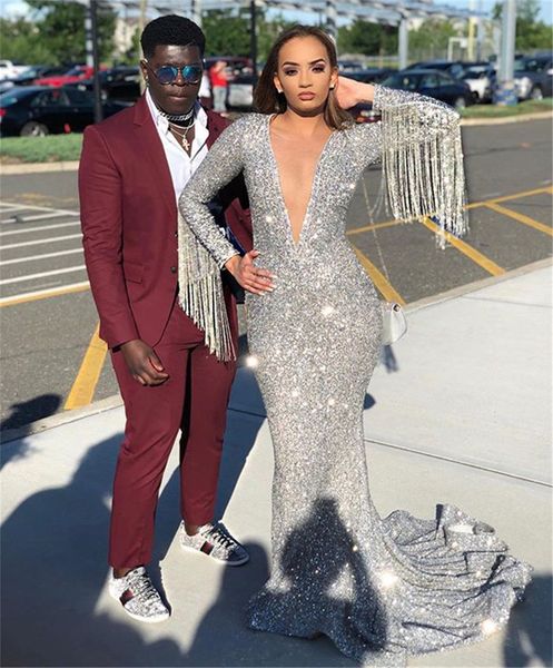 

sparkly tassels silver long sleeves mermaid prom dresses african plus size evening gown black girl formal party dress