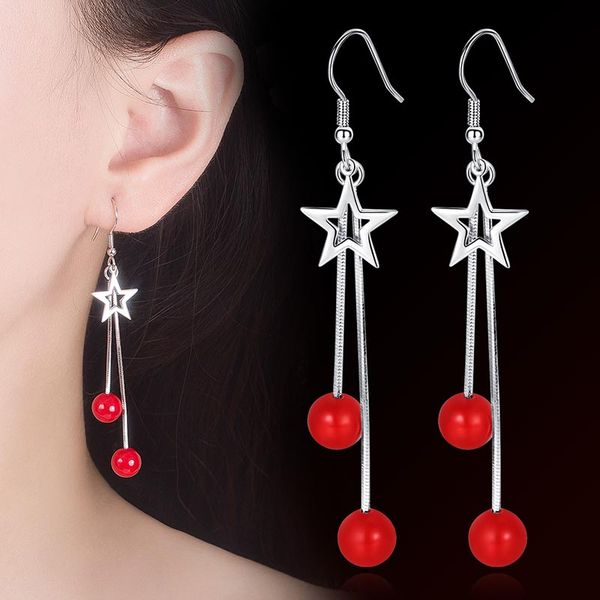 

silver color trendy elegant tassel long pentagram red pearl drop earrings for women charming pentagram ear hoops jewelry
