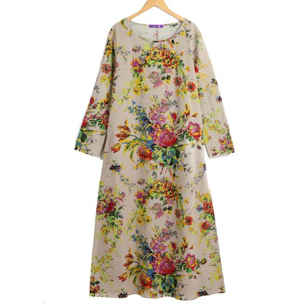 

woman dresses plus size women clothing vintage boho dress women maxi floral dress 2019 pockets o neck plus size cotton linen robe, Black;gray