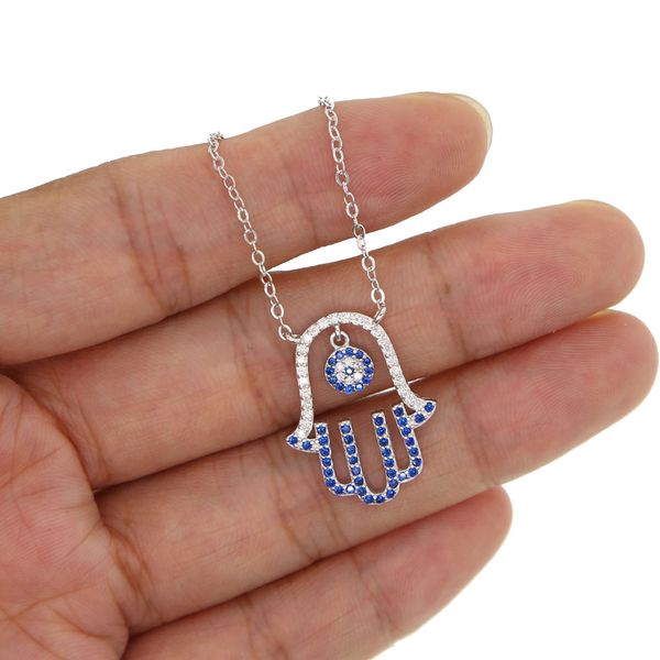 

wholesale- lucky turkish 925 sterling silver dangle evil eye charm pave blue white cz hamsa hand fatima's hand pendant necklace