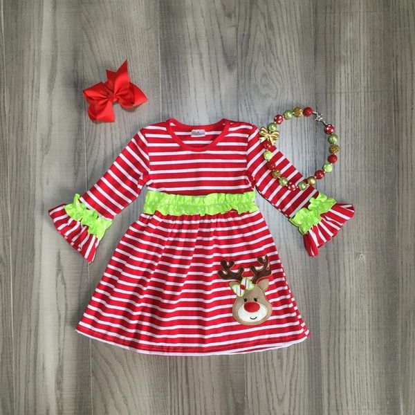 

baby girls christmas dress girl red tripe elk dress children girls deer print with accessories wholesale, Red;yellow