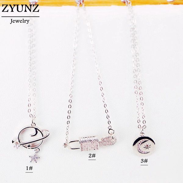 

10pcs, silver color clear crystal zircon lock key /star /moon pendant necklace women fashion jewelry